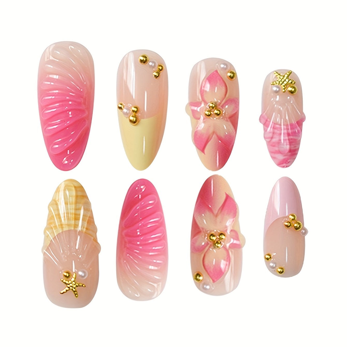 24-Piece Medium Almond Press-On Nails - French Floral & Gold Starfish | OEM Wholesale