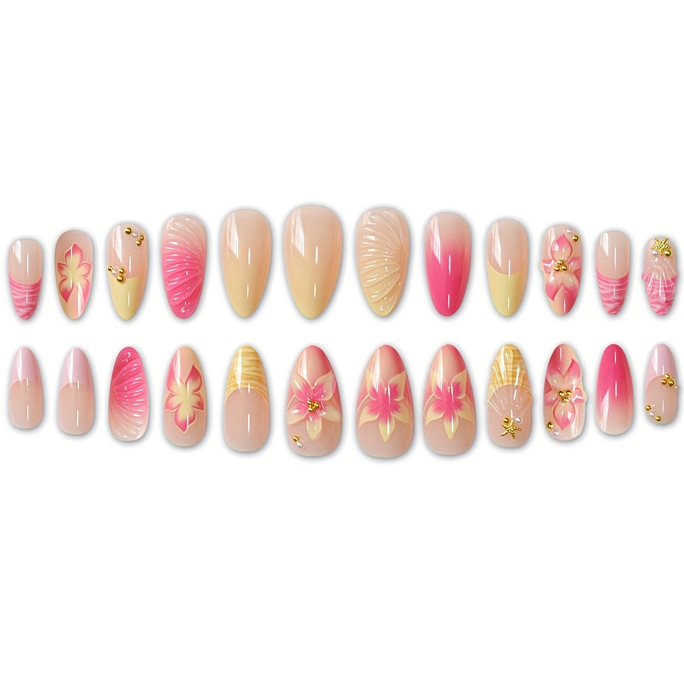 24-Piece Medium Almond Press-On Nails - French Floral & Gold Starfish | OEM Wholesale
