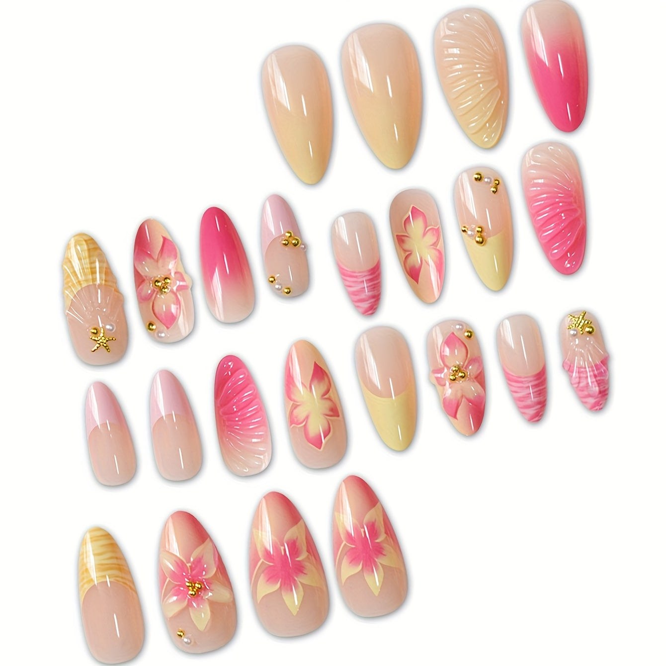 24-Piece Medium Almond Press-On Nails - French Floral & Gold Starfish | OEM Wholesale