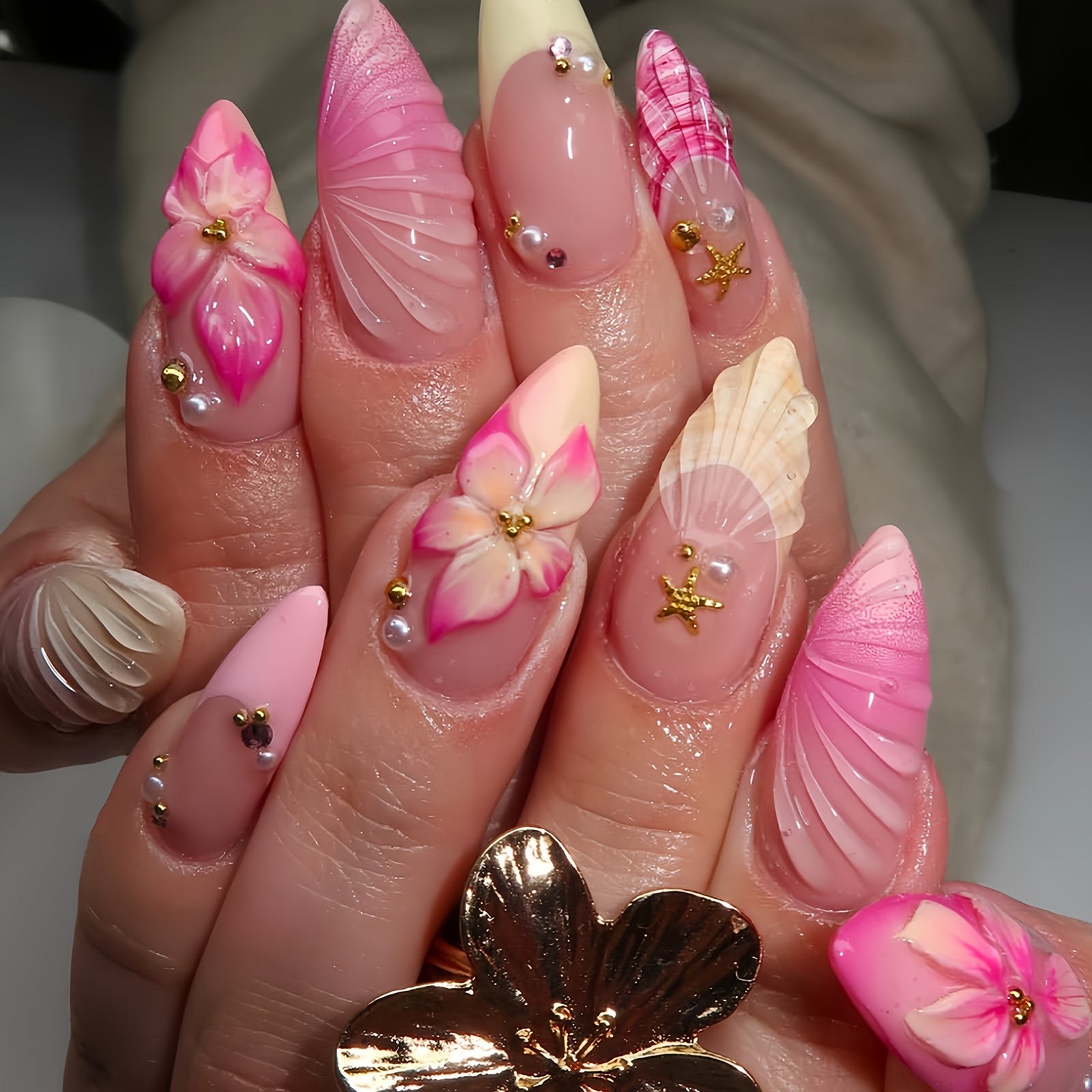 24-Piece Medium Almond Press-On Nails - French Floral & Gold Starfish | OEM Wholesale
