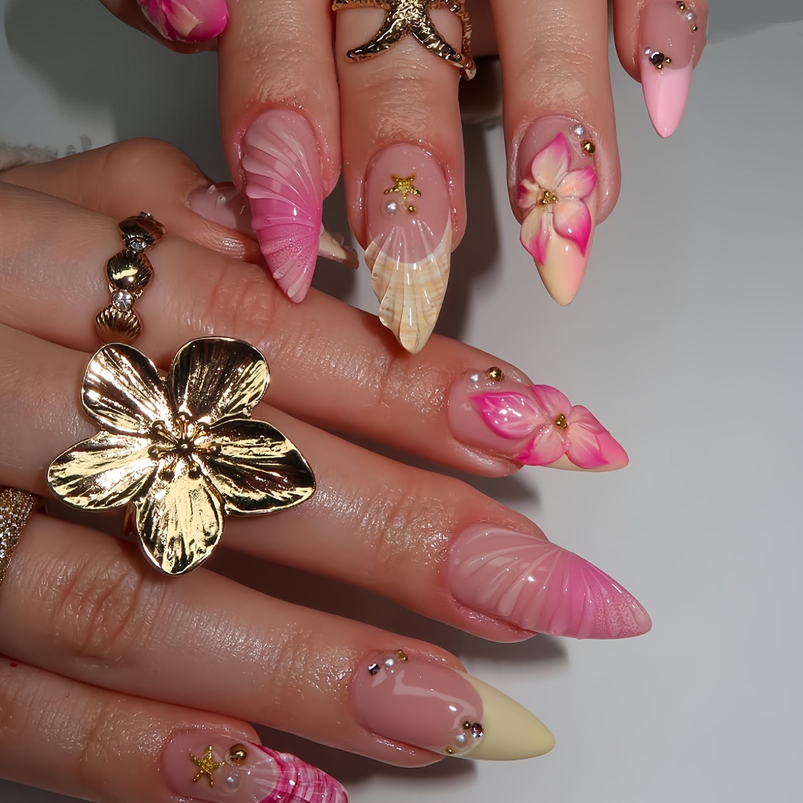 24-Piece Medium Almond Press-On Nails - French Floral & Gold Starfish | OEM Wholesale