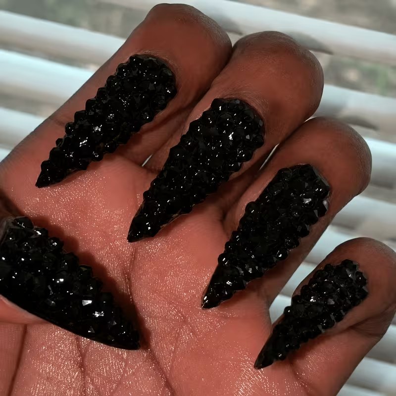 Extra Long Stiletto Press-On Nails - Gothic Black Crystal 3D Rhinestone, 10 Pcs | OEM Wholesale