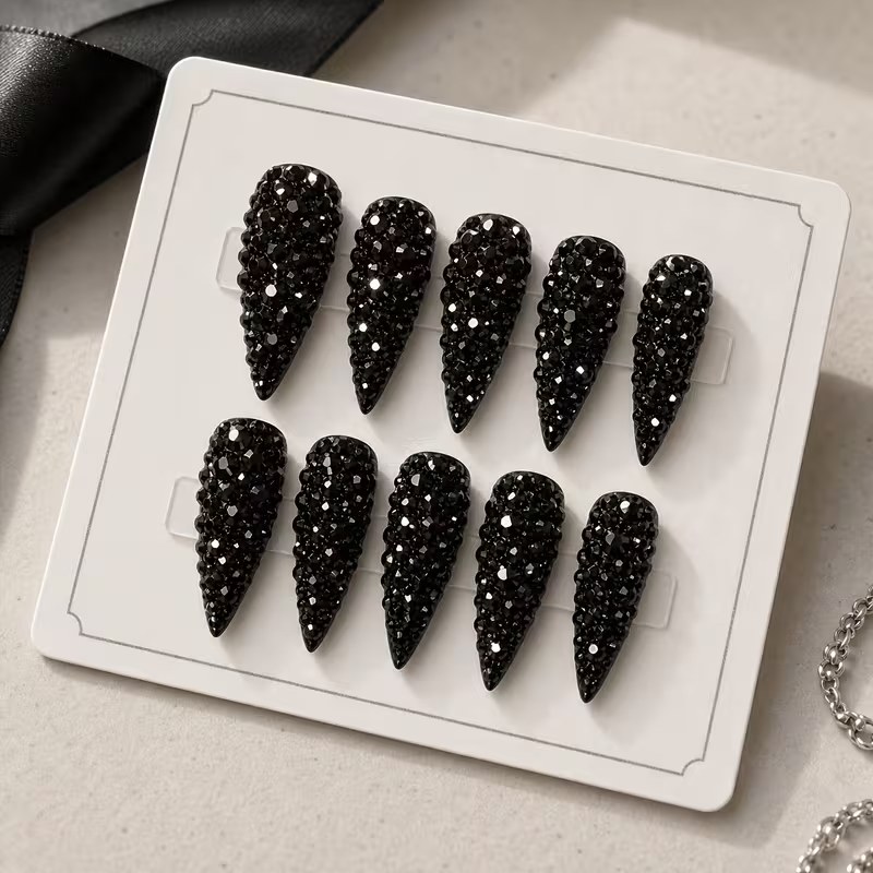 Extra Long Stiletto Press-On Nails - Gothic Black Crystal 3D Rhinestone, 10 Pcs | OEM Wholesale