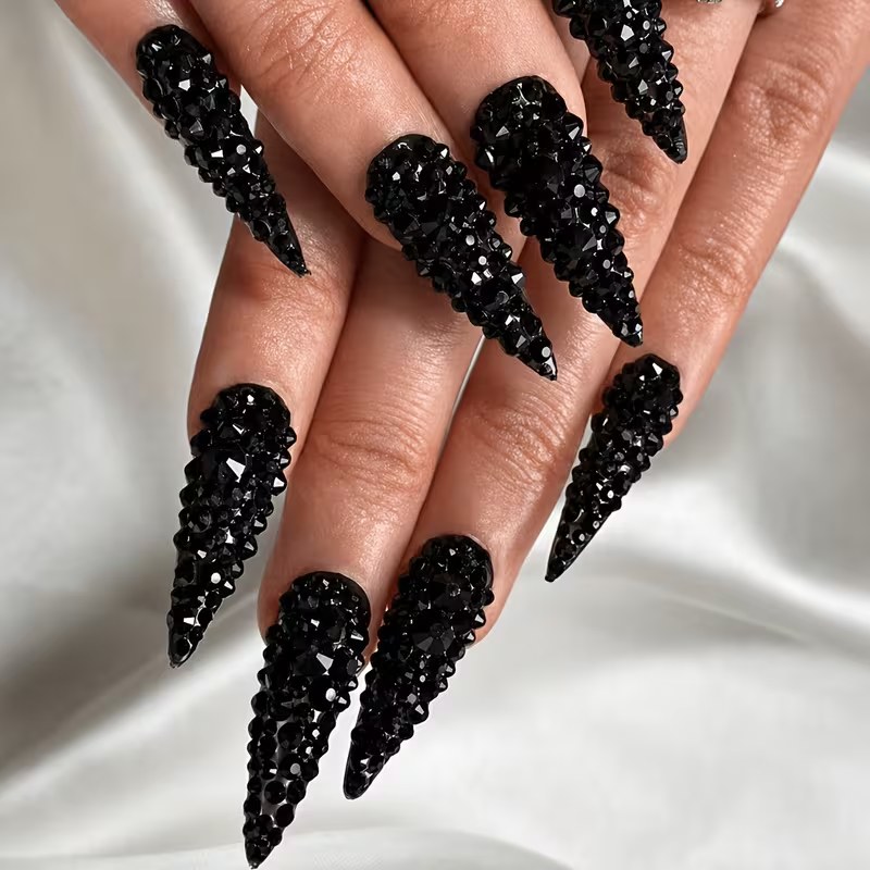Extra Long Stiletto Press-On Nails - Gothic Black Crystal 3D Rhinestone, 10 Pcs | OEM Wholesale