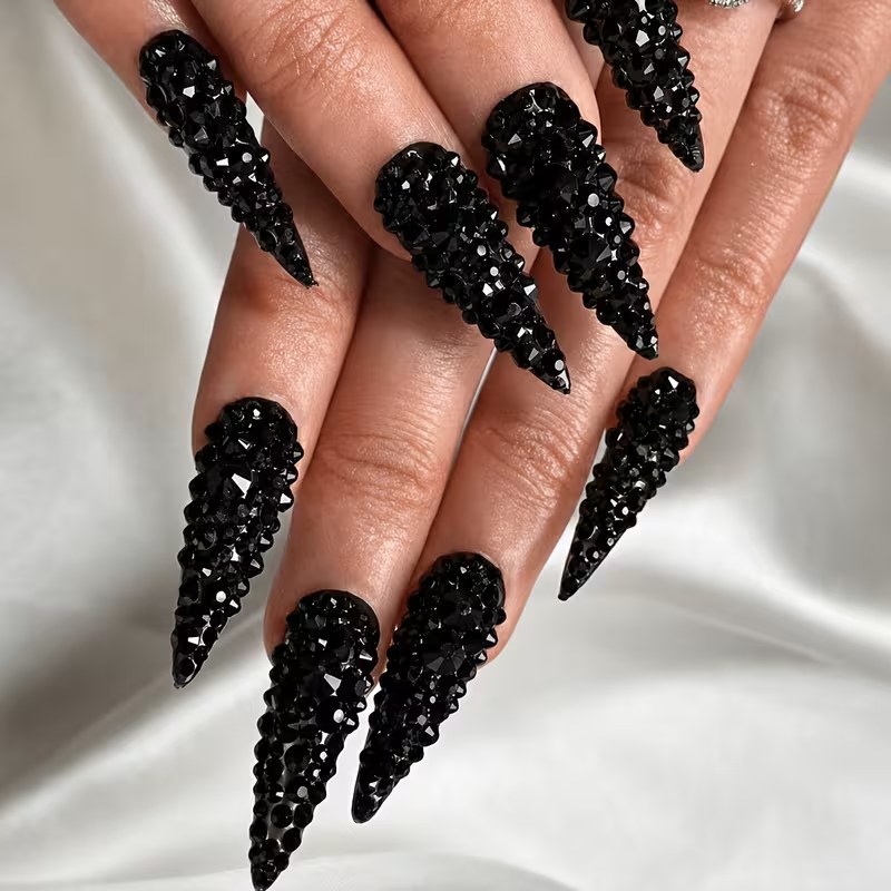 Extra Long Stiletto Press-On Nails - Gothic Black Crystal 3D Rhinestone, 10 Pcs | OEM Wholesale