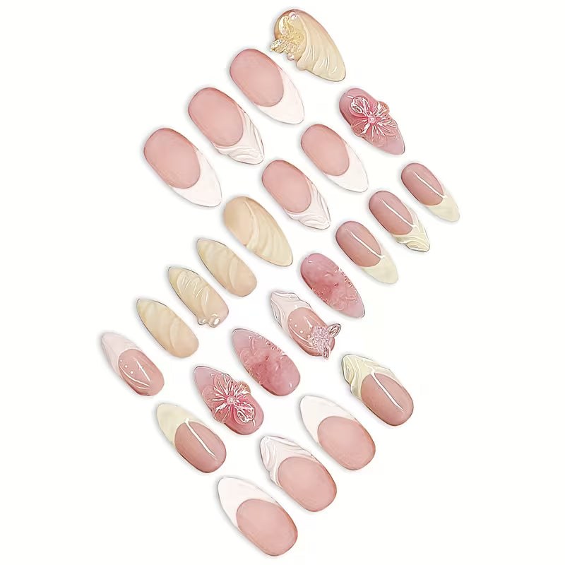 Almond Press-On Nails - 3D Butterfly & French Floral Swirl, 24 Pcs | OEM Wholesale