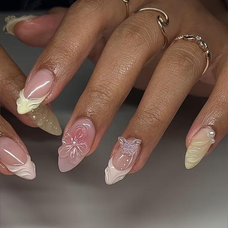 Almond Press-On Nails - 3D Butterfly & French Floral Swirl, 24 Pcs | OEM Wholesale