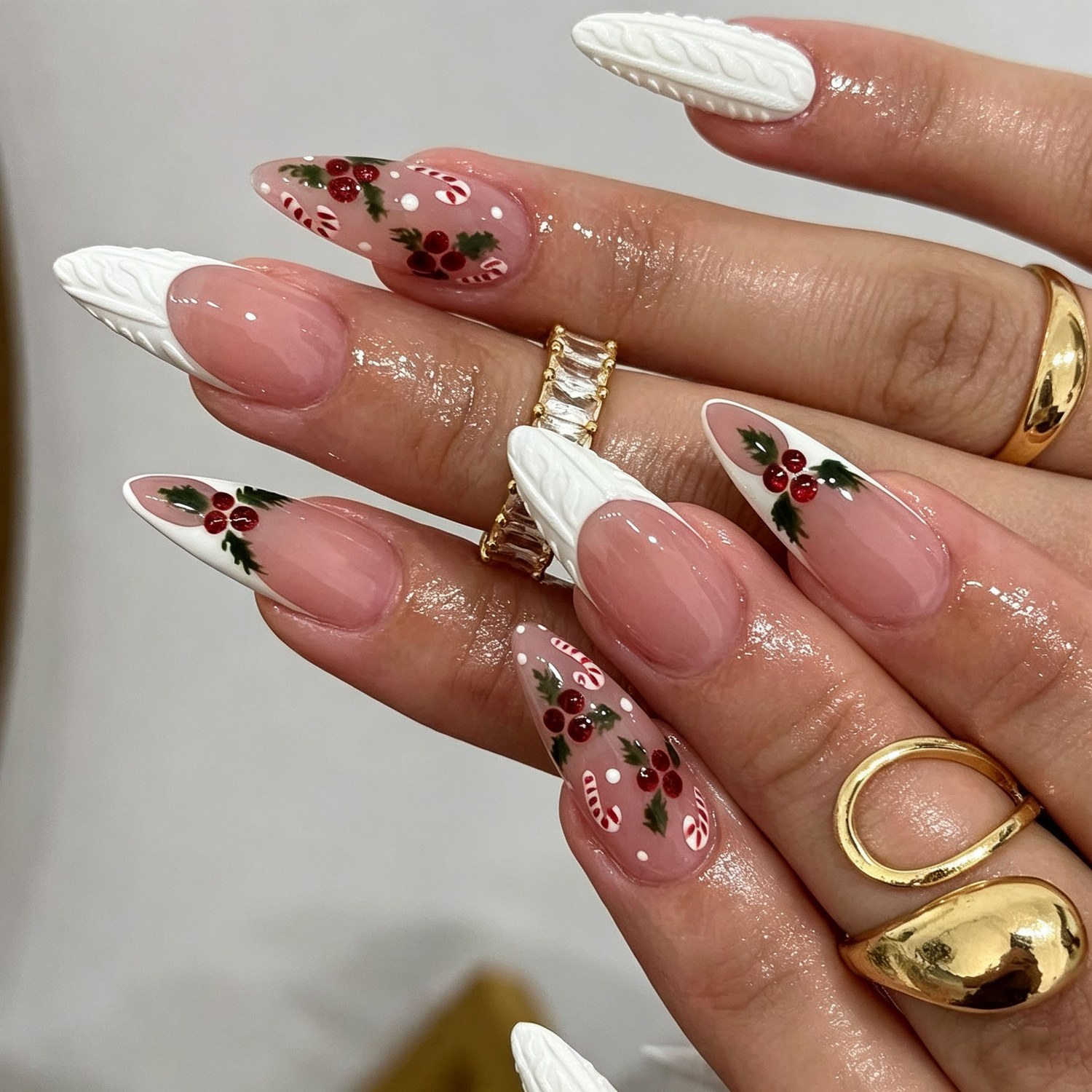 24 Pcs Almond Press-On Nails - Frosted Lace with Berry Sprig, Long | OEM Wholesale