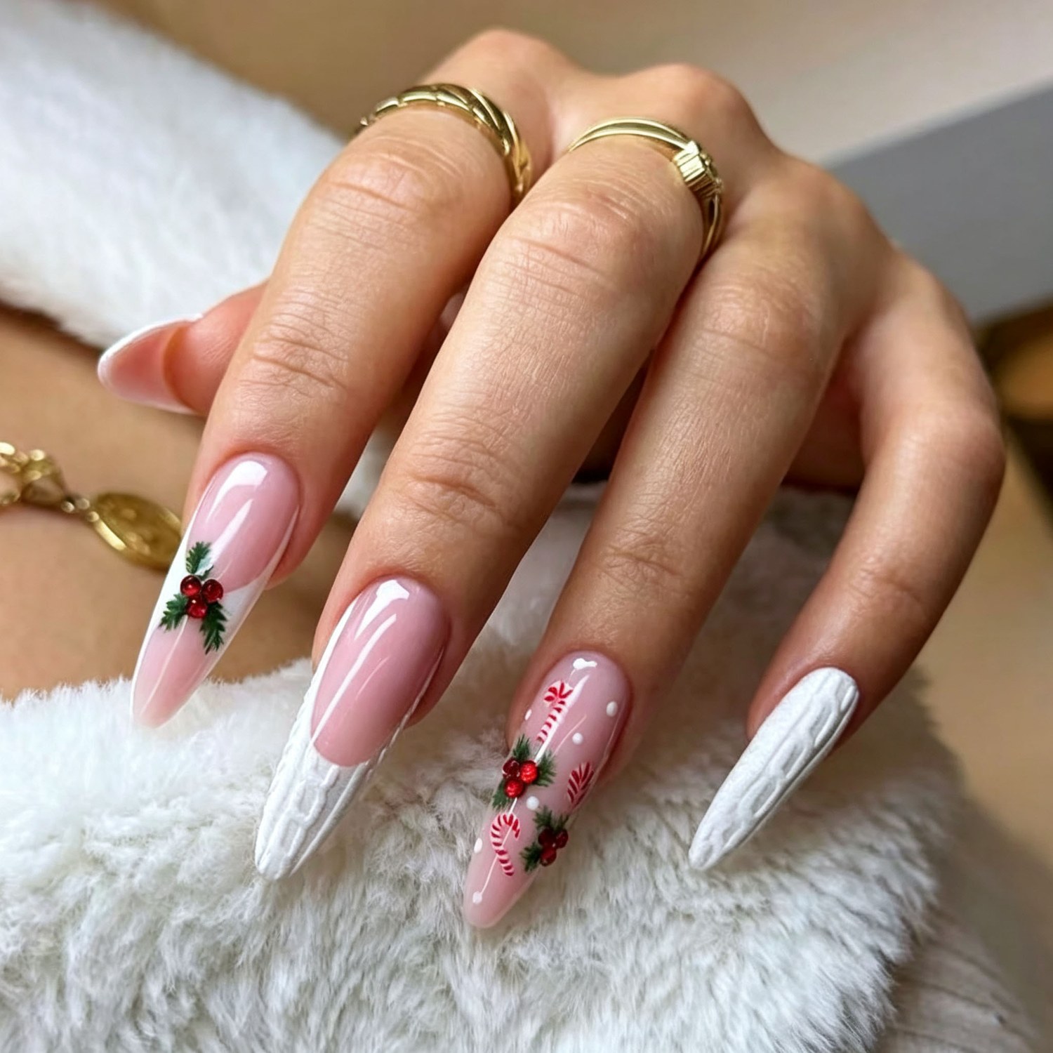 24 Pcs Almond Press-On Nails - Pearl Lace Tip with Berry Cluster, Long | OEM Wholesale