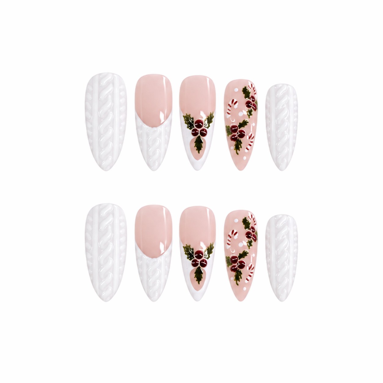 24 Pcs Almond Press-On Nails - Frosted Lace with Berry Sprig, Long | OEM Wholesale