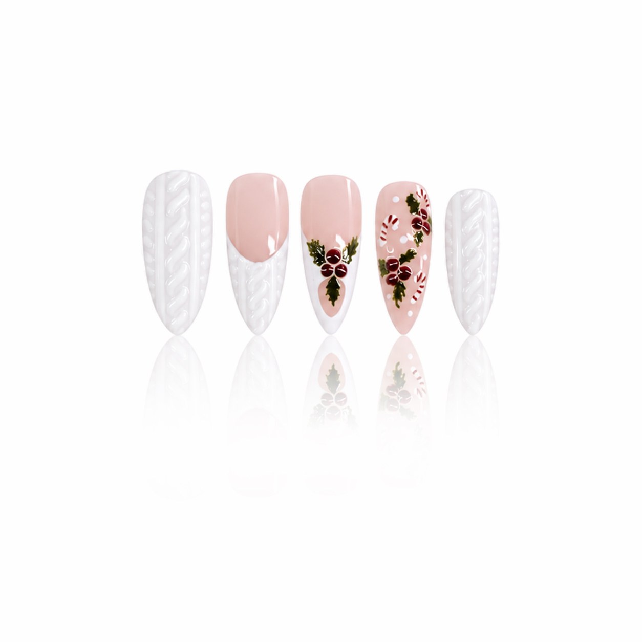 24 Pcs Almond Press-On Nails - Frosted Lace with Berry Sprig, Long | OEM Wholesale