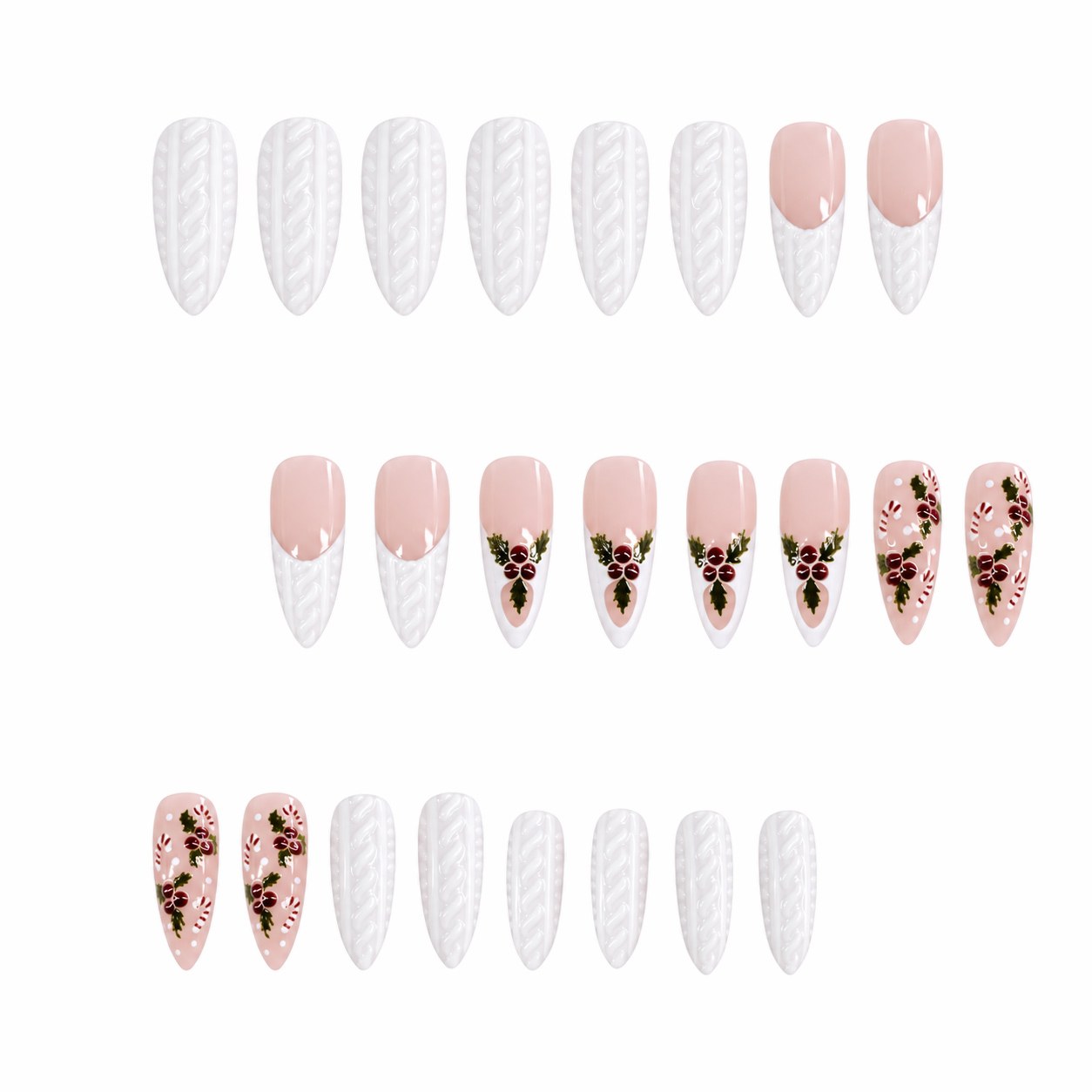 24 Pcs Almond Press-On Nails - Frosted Lace with Berry Sprig, Long | OEM Wholesale