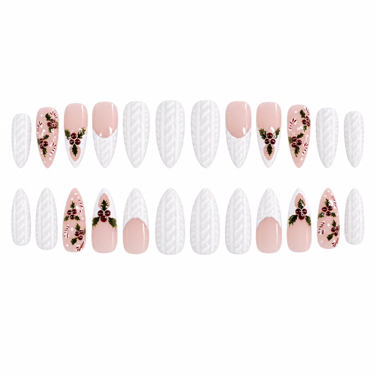 24 Pcs Almond Press-On Nails - Frosted Lace with Berry Sprig, Long | OEM Wholesale