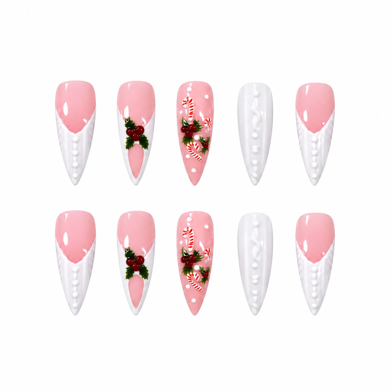 24 Pcs Almond Press-On Nails - Pearl Lace Tip with Berry Cluster, Long | OEM Wholesale