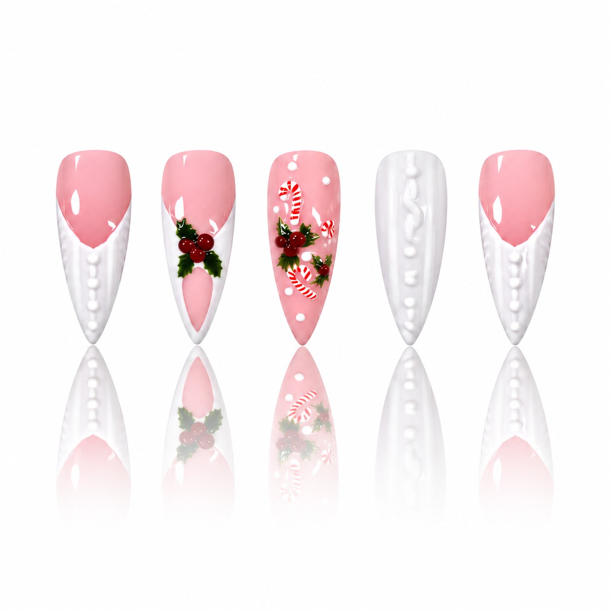 24 Pcs Almond Press-On Nails - Pearl Lace Tip with Berry Cluster, Long | OEM Wholesale