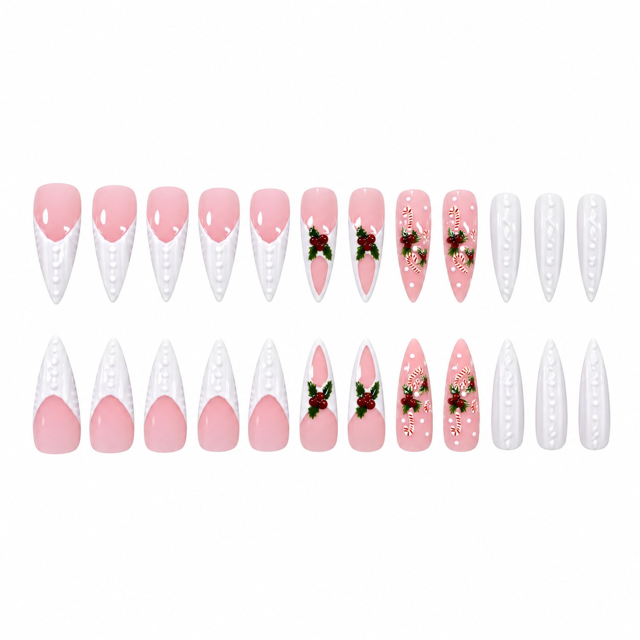 24 Pcs Almond Press-On Nails - Pearl Lace Tip with Berry Cluster, Long | OEM Wholesale