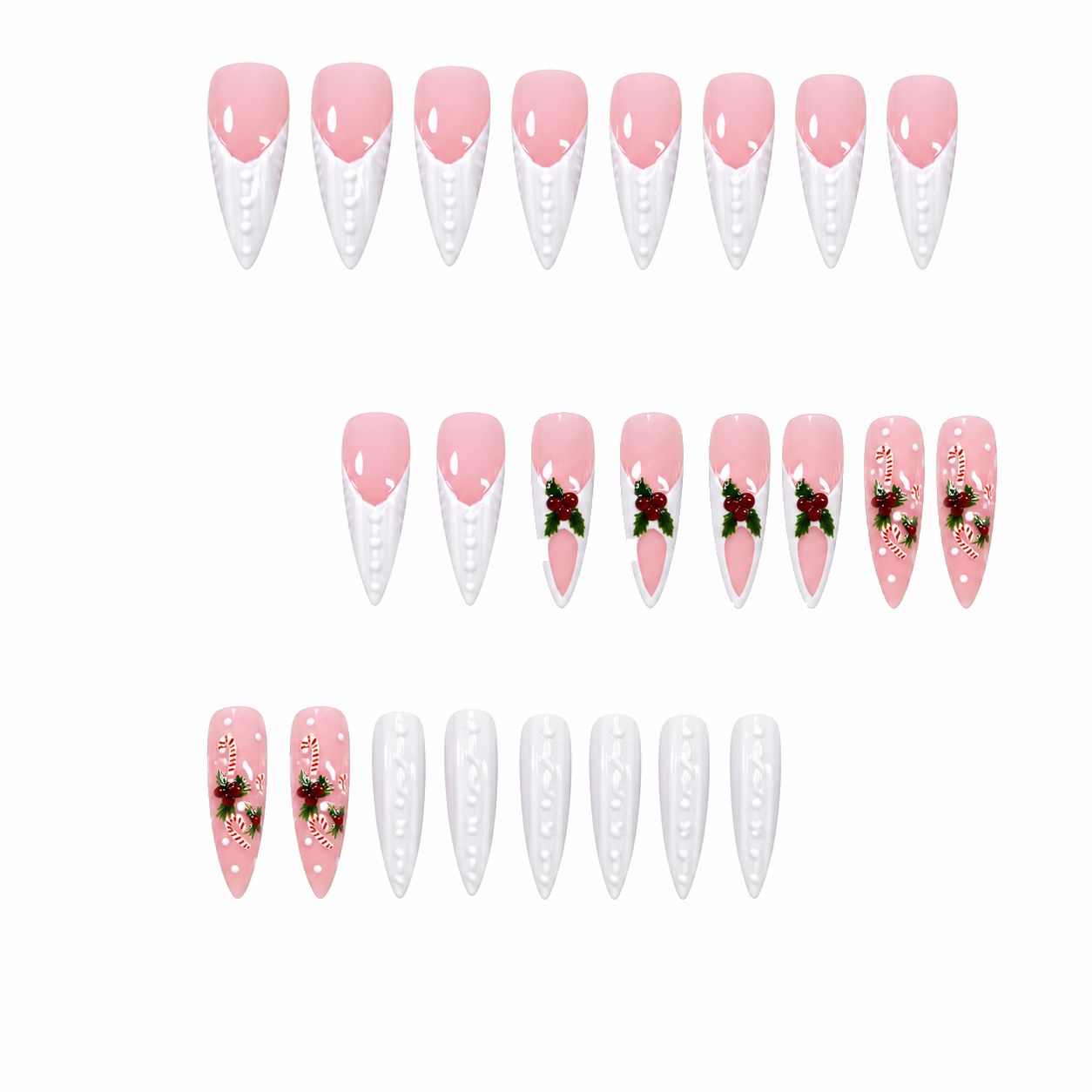 24 Pcs Almond Press-On Nails - Pearl Lace Tip with Berry Cluster, Long | OEM Wholesale